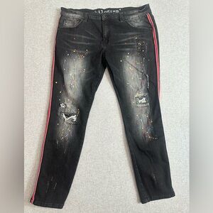 Kilogram Jeans Mens 36 Black Paint Splatter Racing Stripe Skate Y2K Fade Stretch